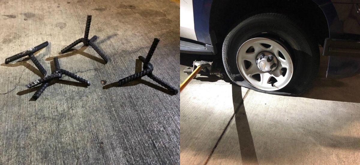 Rebar ties, left, were deployed during rioting in Portland, Ore., overnight Aug. 6, 2020. On right is a tire punctured by the ties. (Portland Police Bureau)