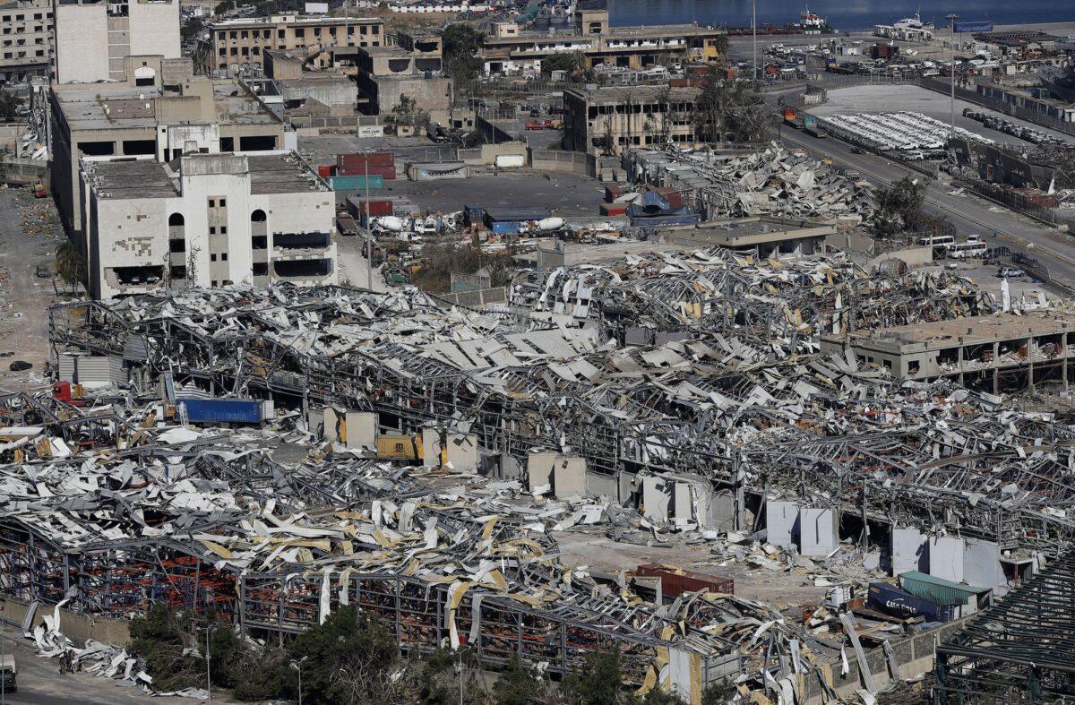 A general view shows the port warehouses destroyed by Tuesday's explosion that hit the seaport of Beirut, Lebanon on Aug. 7, 2020. (Hussein Malla/AP Photo)