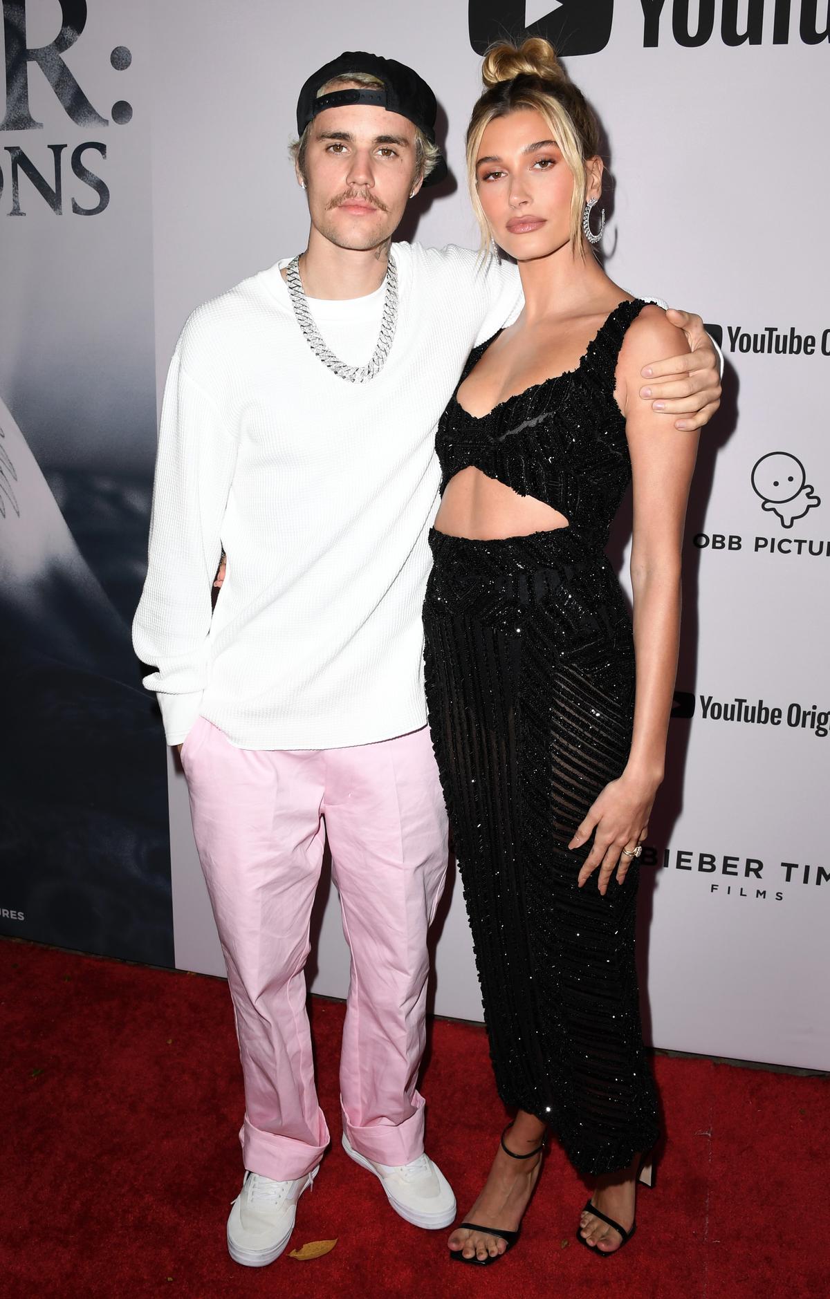 Justin Bieber and his wife, Hailey Baldwin, attend the premiere of YouTube Originals' "Justin Bieber: Seasons" at Regency Bruin Theatre in Los Angeles, California, on Jan. 27, 2020. (Jon Kopaloff/Getty Images)