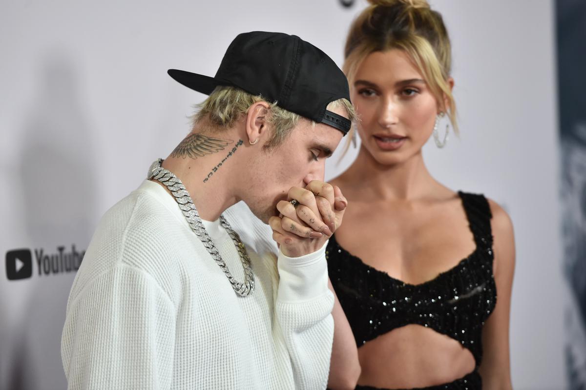Bieber and wife, Hailey, at Regency Bruin Theatre in Los Angeles, California, on Jan. 27, 2020 (Alberto E. Rodriguez/Getty Images)