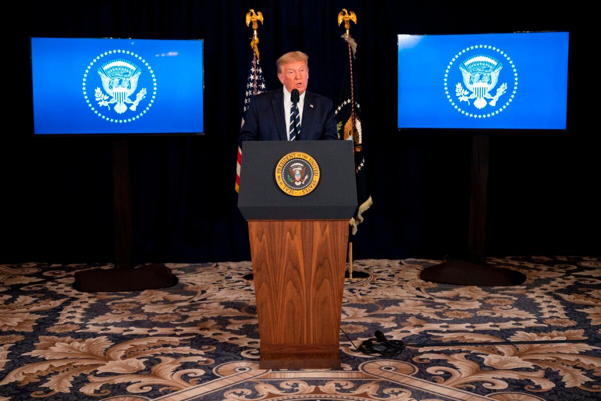 President Donald Trump speaks during a news conference in Bedminster, New Jersey, on Aug. 7, 2020. (Jim Watson/AFP/Getty Images)