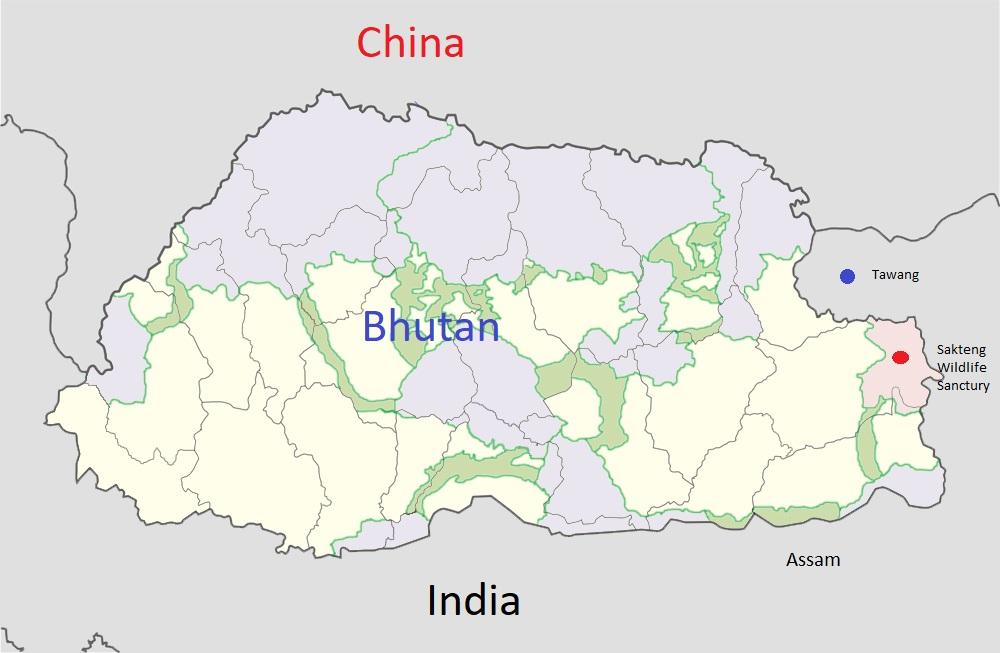 Bhutan, a country landlocked between the Chinese and Indian borders, recently faced a new claim by the Chinese regime, about the Sakteng Wildlife Sanctuary, which is home to red pandas. (CC BY-SA 3.0/Map image by Wikipedia Commons)