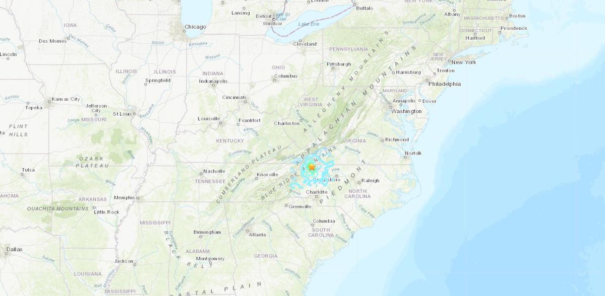 A map of the area where a 5.1 magnitude earthquake shook parts of North Carolina and Georgia on Aug. 9, 2020. (USGS)