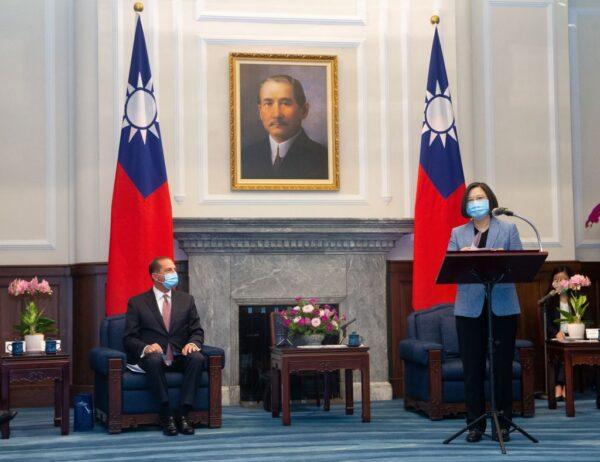 US Secretary of Health and Human Services Alex Azar (L) looks on as Taiwan's President Tsai Ing-wen (R) speaks during his visit to the Presidential Office in Taipei on Aug. 10, 2020. (Pei Chen/POOL/AFP via Getty Images)