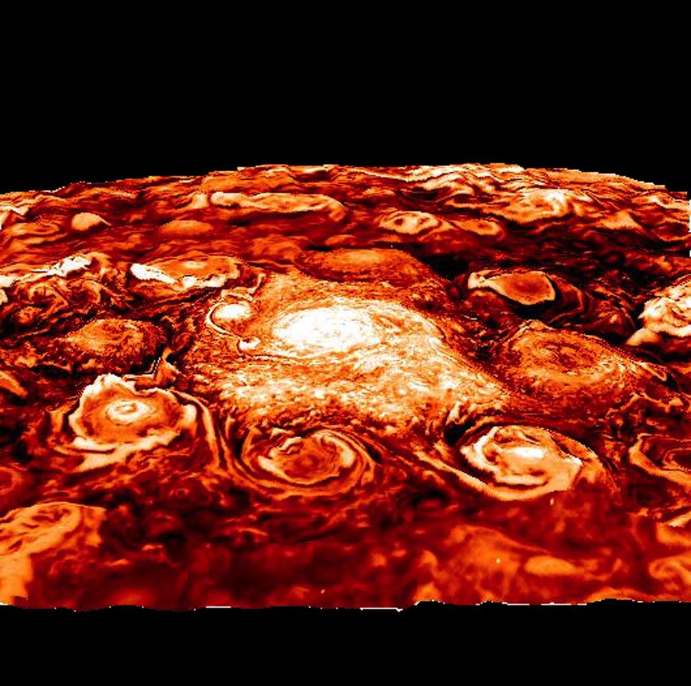 This computer-generated image is based on an infrared image of Jupiter’s north polar region that was acquired on Feb. 2, 2017, by the Jovian Infrared Auroral Mapper (JIRAM) instrument aboard Juno during the spacecraft’s fourth pass over Jupiter. (Courtesy of <a href="https://www.nasa.gov/feature/jpl/nasa-juno-findings-jupiter-s-jet-streams-are-unearthly">NASA/JPL-Caltech/SwRI/ASI/INAF/JIRAM</a>)