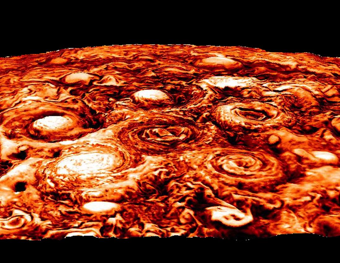This computer-generated image shows the structure of the cyclonic pattern observed over Jupiter’s south pole. (Courtesy of <a href="https://www.nasa.gov/feature/jpl/nasa-juno-findings-jupiter-s-jet-streams-are-unearthly">NASA/JPL-Caltech/SwRI/ASI/INAF/JIRAM</a>)
