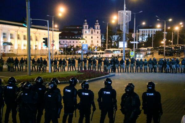 Police block a square during a mass protest following presidential elections in Minsk, Belarus, Monday, on Aug. 10, 2020. (Sergei Grits/AP Photo)