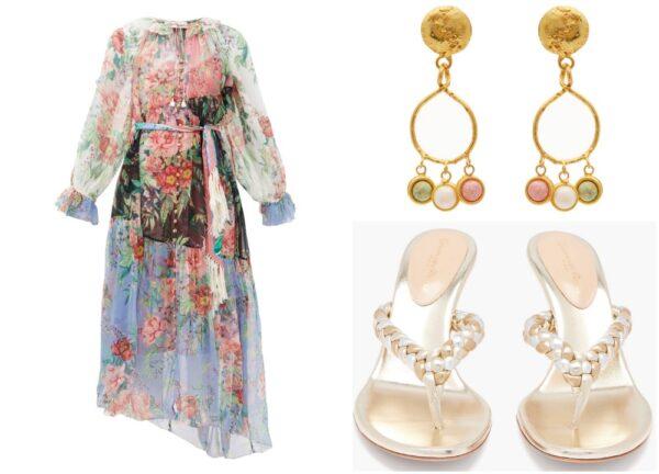 Bellitude Floral Silk Chiffon Dress by Zimmermann. Eclipse Pearl Amazonite Drop Earrings by Sylvia Toledano. Tropea Braided Metallic Sandals by Gianvito Rossi.