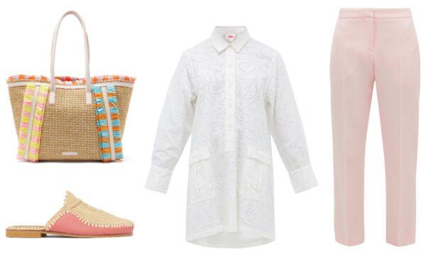 Eyelet Embroidered Cotton Shirt Dress/Tunic by Solid & Striped. Tailored Wool Blend Cigarette Trousers by Alexander McQueen. Maya Fringed Woven Tote Bag by Sophia Webster. Raffia and Leather Babouche Slippers by Kilometre Paris.