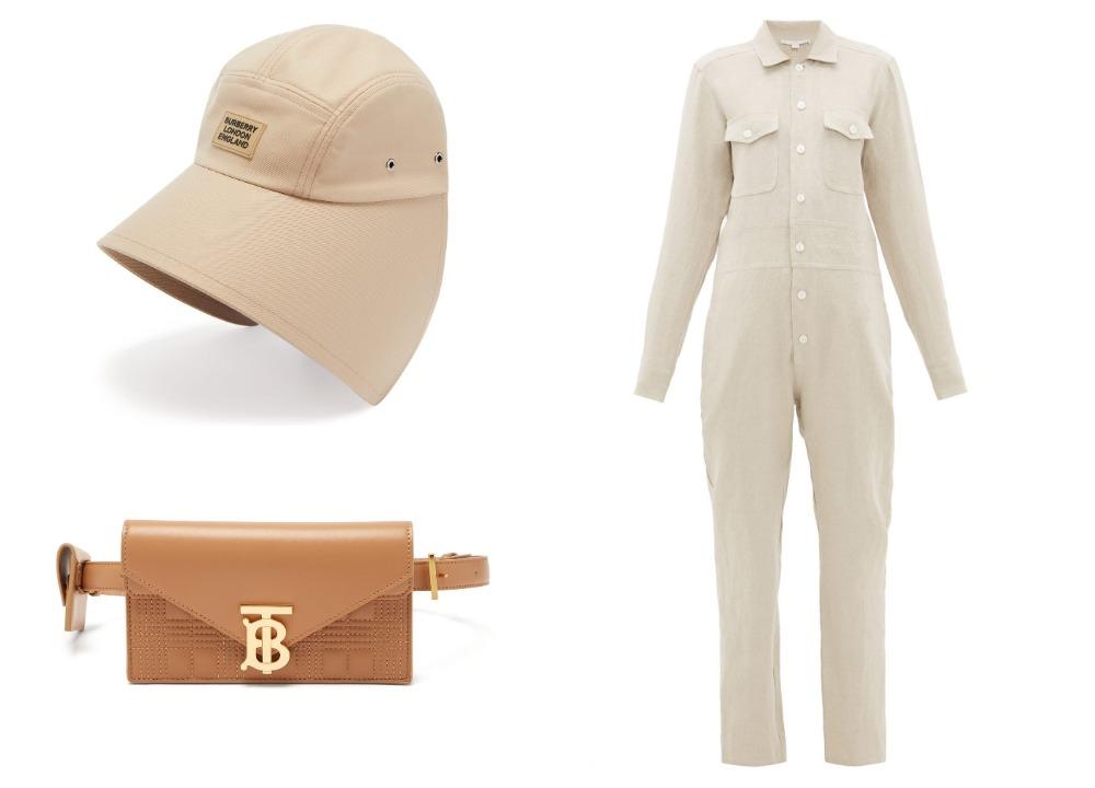 Capri Button-down Linen Jumpsuit by White Story. Envelope Quilted Leather Belt Bag by Burberry. Logo Plaque Cotton Bonnet hat by Burberry.