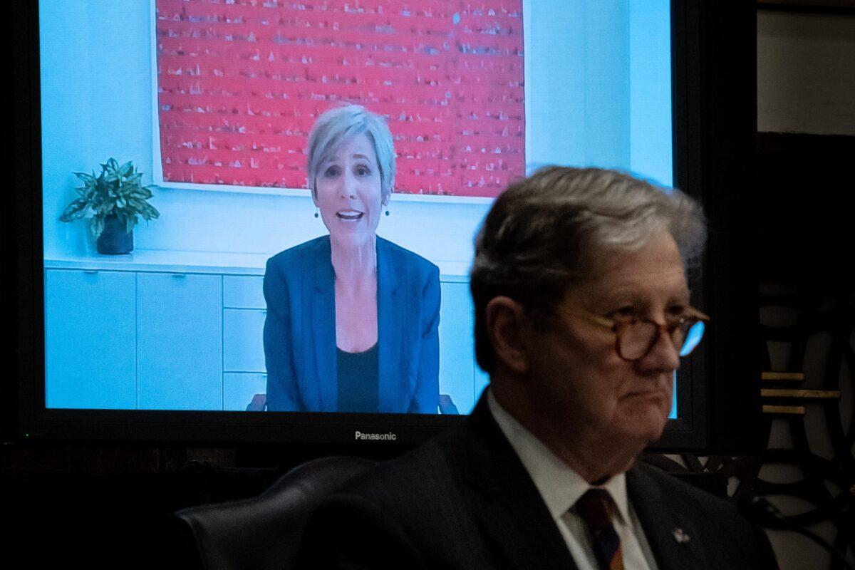 Sally Yates, former deputy attorney general, is seen testifying remotely in response to a question from Sen. John Kennedy (R-La.) during a Senate hearing in Washington on Aug. 5, 2020. (Erin Schaff/Pool/Getty Images)