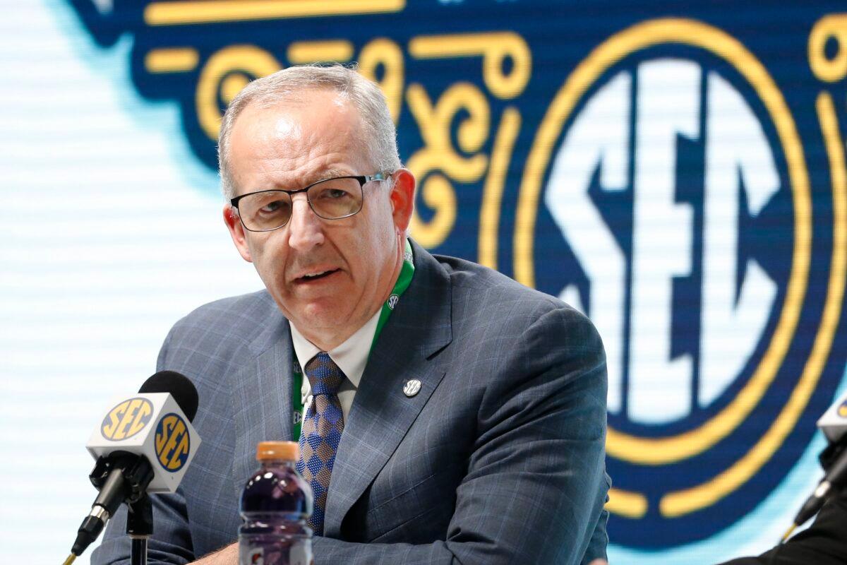 Southeastern Conference Commissioner Greg Sankey speaks at a press conference in Nashville, Tenn., on March 11, 2020. (Mark Humphrey/AP Photo)