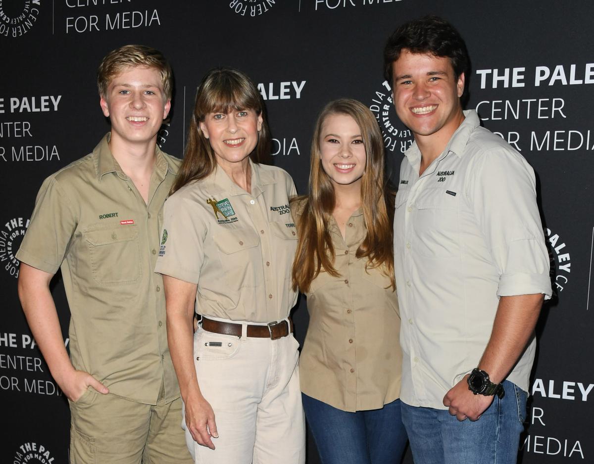 Robert Irwin, Terri Irwin, Bindi Irwin, and Chandler Powell attend The Paley Center For Media Presents: An Evening With The Irwins: "Crikey! It's The Irwins" Screening And Conversation at The Paley Center for Media on May 3, 2019, in Beverly Hills, California. (Jon Kopaloff/Getty Images)