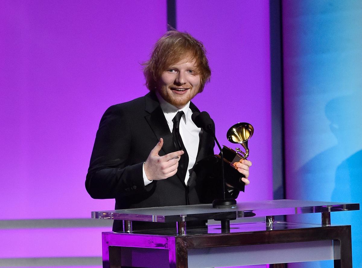 Sheeran accepts the Grammy Award for Best Pop Solo Performance for "Thinking Out Loud" at Microsoft Theater in Los Angeles, Calif., on Feb. 15, 2016. (Kevork Djansezian/Getty Images)