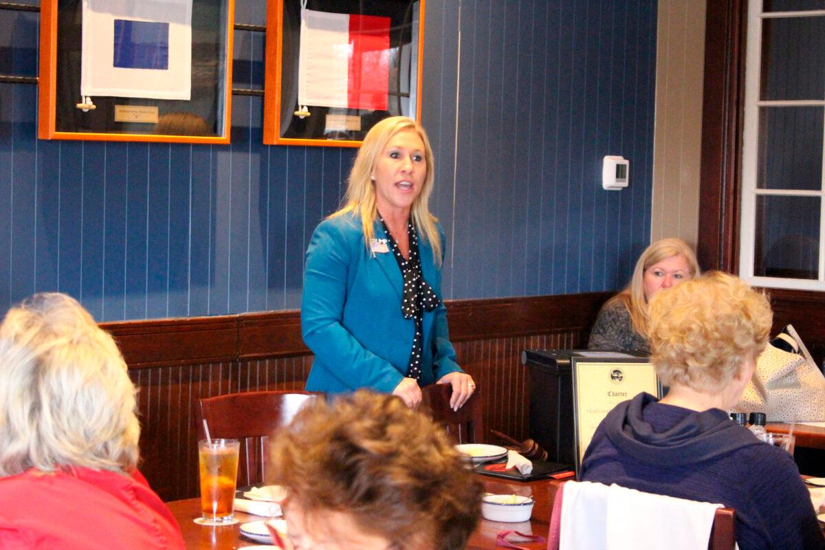 Republican Marjorie Taylor Greene speaks to a GOP women's group in Rome, Ga., on March 3, 2020. (John Bailey/Rome News-Tribune via AP)