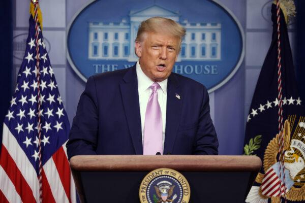 President Donald Trump speaks during a news conference at the White House in Washington on Aug. 11, 2020. (Alex Wong/Getty Images)