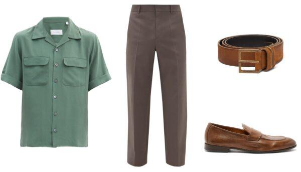Silk Crepe Short Sleeves Shirt by Equipment. Tailored Satin Back Sharkskin Trousers by Deveaux. Vintage Leather Penny Loafers by Brunello Cucinelli.<br/>Suede Belt by Saint Laurent.