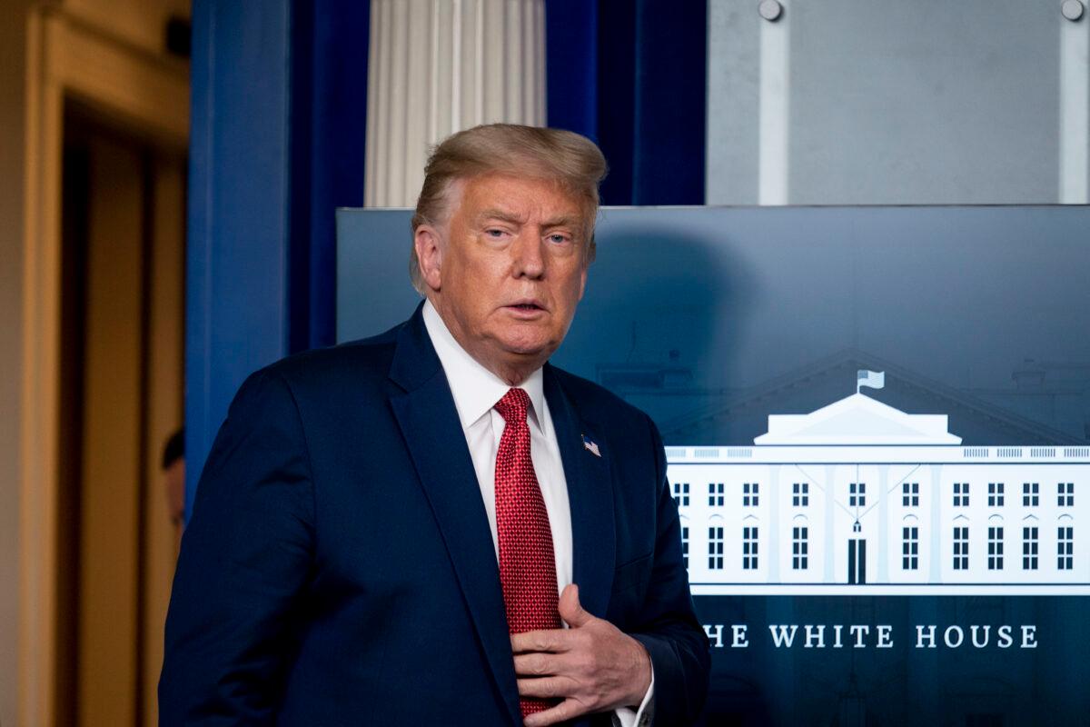 President Donald Trump arrives for a news conference in the James Brady Press Briefing Room at the White House in Washington on Aug. 10, 2020. (Andrew Harnik/AP Photo)