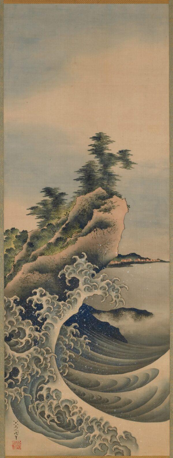 Detail of "Breaking Waves," 1847, by Katsushika Hokusai. Hanging scroll; ink and color on silk. Gift of Charles Lang Freer, Freer Gallery of Art. (The Freer Gallery of Art and the Arthur M. Sackler Gallery)