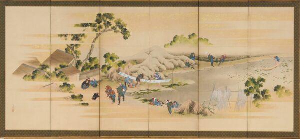 "Mount Fuji," circa 1830–32, by Katsushika Hokusai. Six-panel folding screen; ink, gold, and color on paper. (One of a pair.) Gift of Charles Lang Freer, Freer Gallery of Art. (The Freer Gallery of Art and the Arthur M. Sackler Gallery)