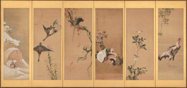 "Birds, Animals, and Plants of the Twelve Months," circa 1821–33, by Katsushika Hokusai. Six-panel folding screen; ink and color on paper. (One of a pair.) Gift of Charles Lang Freer, Freer Gallery of Art. (The Freer Gallery of Art and the Arthur M. Sackler Gallery)