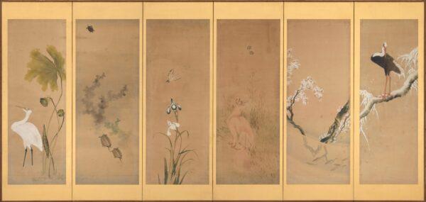 "Birds, Animals, and Plants of the Twelve Months," circa 1821–33, by Katsushika Hokusai. Six-panel folding screen; ink and color on paper. (One of a pair.) Gift of Charles Lang Freer, Freer Gallery of Art. (The Freer Gallery of Art and the Arthur M. Sackler Gallery)