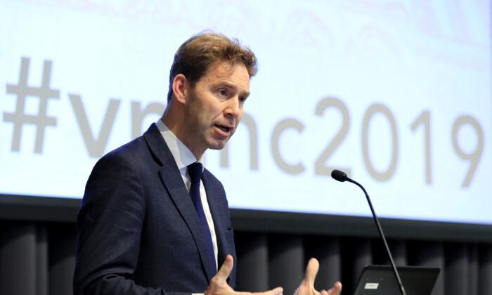 MP Tobias Ellwood speaking during the Veterans' Mental Health Conference at King's College London on March 14, 2019. (Gareth Fuller/WPA Pool/Getty Images)