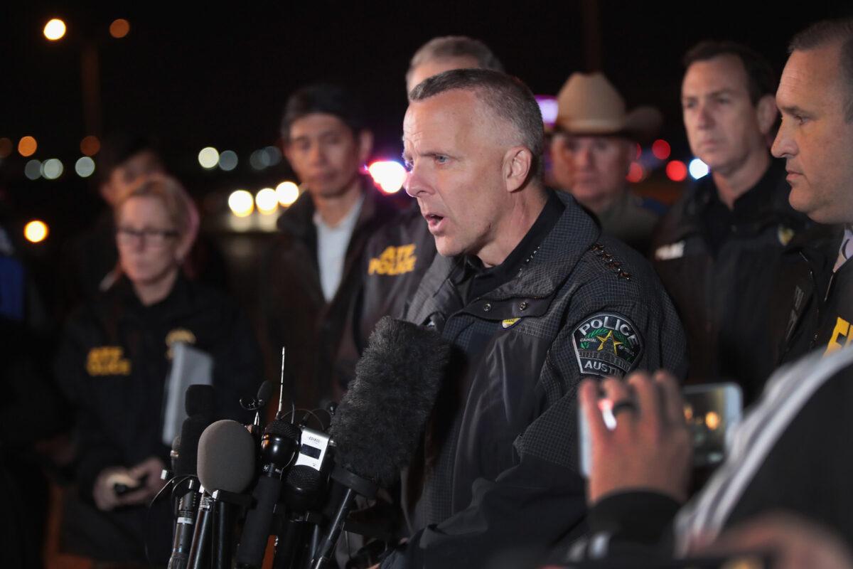 Austin Police Chief Brian Manley speaks to reporters in Round Rock, Texas, on March 21, 2018. (Scott Olson/Getty Images)