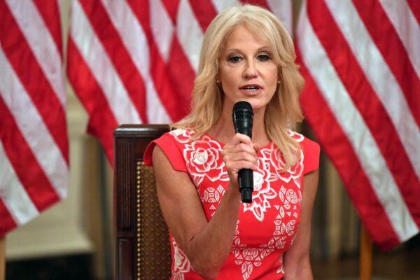 Counselor to the president Kellyanne Conway speaks during the "Getting America's Children Safely Back to School" event at the White House in Washington, on Aug. 12, 2020. (Nicholas Kamm/AFP via Getty Images)