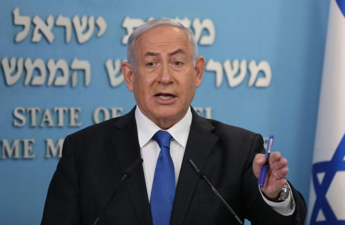 Israeli Prime Minister Benjamin Netanyahu gives a press conference in Jerusalem on Aug. 13, 2020. (Abir Sultan/Pool/AFP via Getty Images)