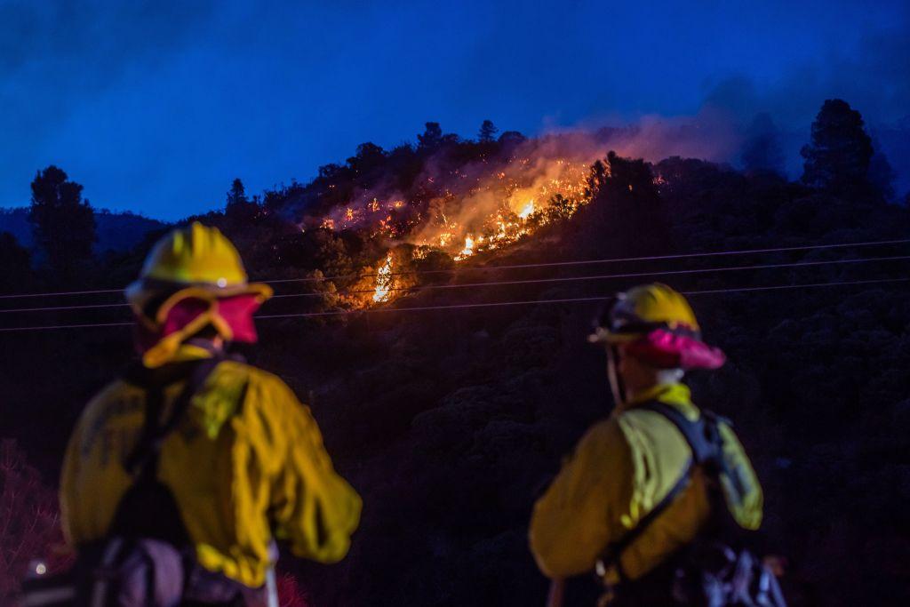Firefighters work to extinguish hotspots from the Lake Fire at Pine Canyon Road in the Angeles National Forest, by Lake Hughes. (APU GOMES/AFP via Getty Images)