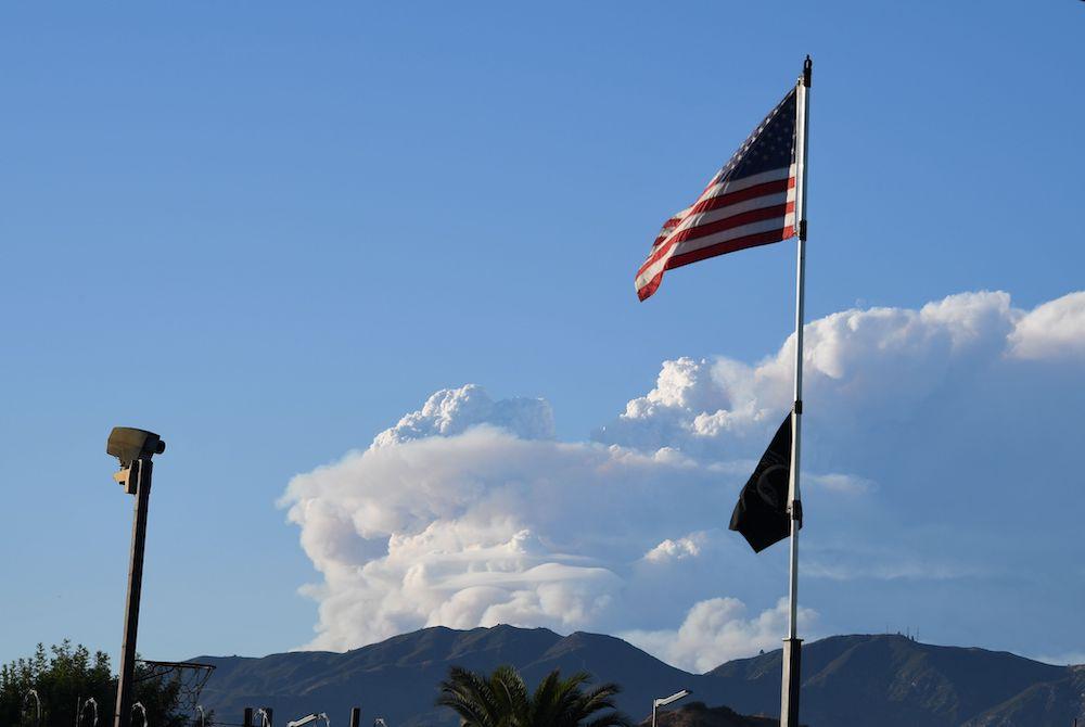 The plume of smoke from the Lake Fire in the Angeles National Forest, by Lake Hughes, 60 miles north of Los Angeles. (ROBYN BECK/AFP via Getty Images)