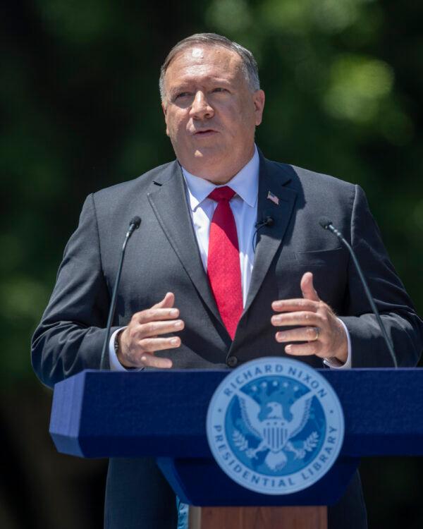 U.S. Secretary of State Mike Pompeo delivers a speech on Communist China and the future of the free world at the Richard Nixon Presidential Library on July 23, 2020, in Yorba Linda, California. (David McNew/Getty Images)