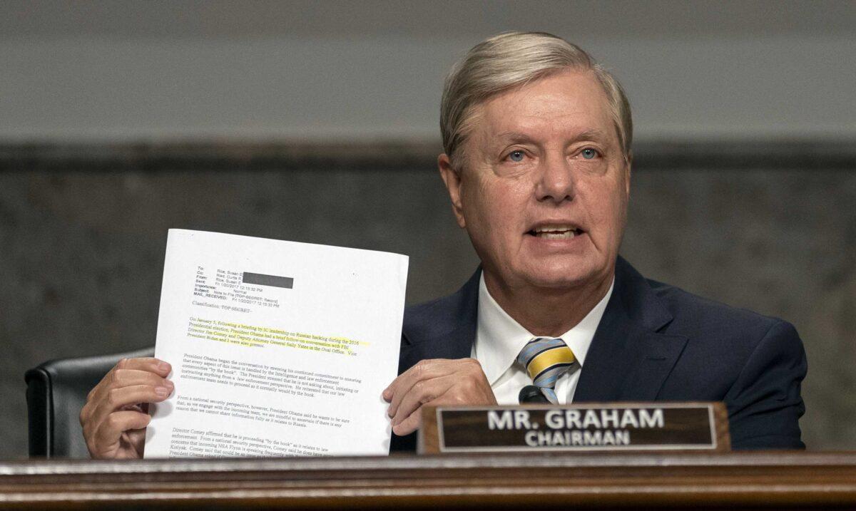 Senate Judiciary Committee Chairman Lindsey Graham (R-S.C.) speaks during a Senate Judiciary Committee oversight hearing to examine the Crossfire Hurricane investigation, on Capitol Hill in Washington on Aug. 5, 2020. (Carolyn Kaster/Pool/AFP via Getty Images)