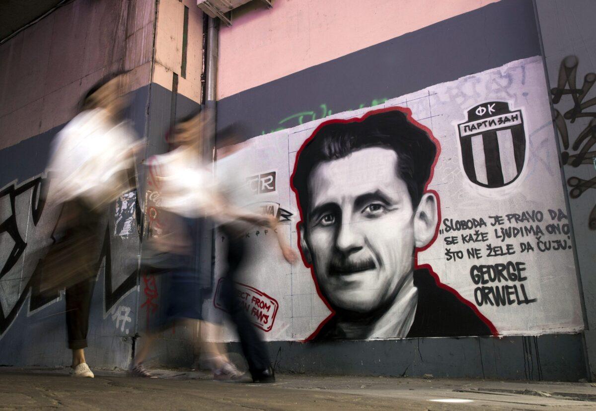 A mural depicting British novelist George Orwell with the quote “Freedom is the right to tell people what they do not want to hear” in Belgrade, Serbia, on May 8, 2018. (Oliver Bunic/AFP via Getty Images)