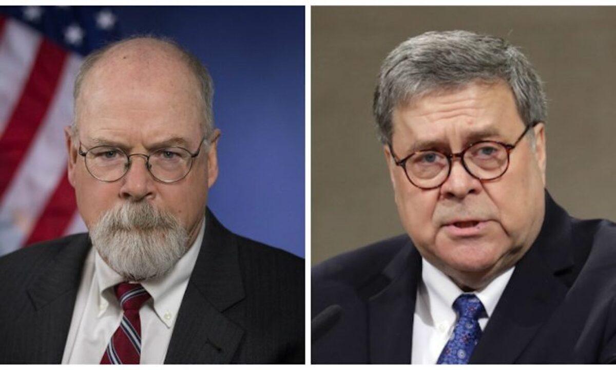 United States Attorney John Durham (L) and Attorney General William Barr in file photos. (Department of Justice; Chip Somodevilla/Getty Images)