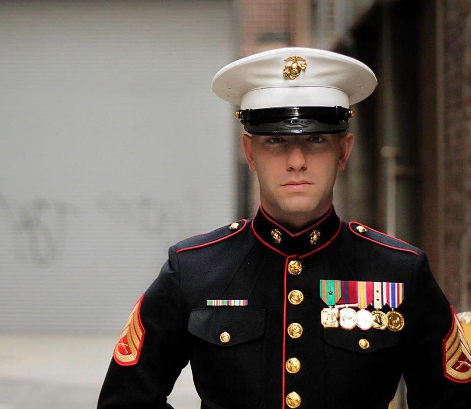 Tim Ebert donning U.S. Marine dress uniform (Courtesy of <a href="https://www.facebook.com/lindsayebert13">Lindsay Ebert</a>)