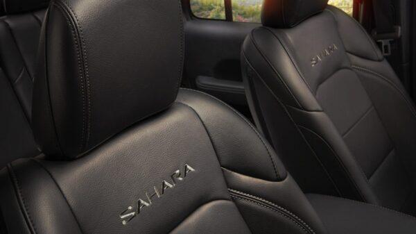 Black leather seats with Sahara logo. (Courtesy of Jeep)