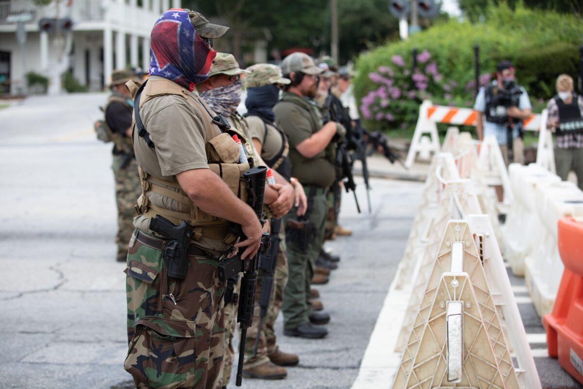 Members of militias stand in Stone Mountain, Ga., on Aug. 15, 2020. (Logan Cyrus/AFP via Getty Images)
