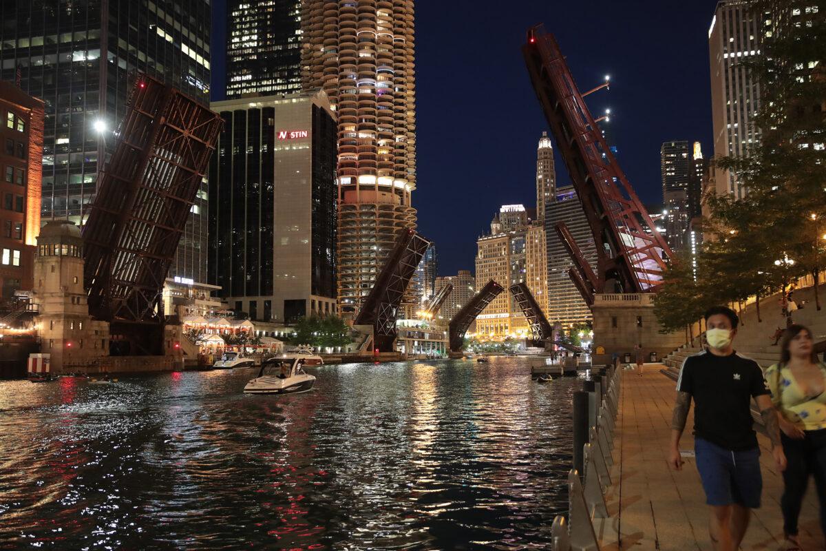 Bridges across the Chicago river are raised to control access into downtown after widespread looting, Aug. 12, 2020. (Scott Olson/Getty Images)