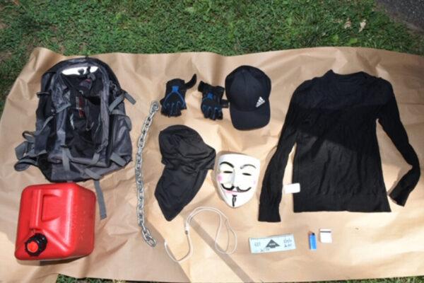 Items found in the backpack of Sam Resto, 29, who is charged with deliberately setting on fire an NYPD van in a busy Manhattan neighborhood in the early hours of July 28, 2020. (U.S. District Court, Eastern District of New York)