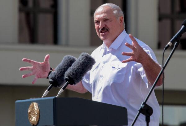 Belarus' President Alexander Lukashenko delivers a speech during a rally held to support him in central Minsk on Aug. 16, 2020. (Siarhei Leskiec/AFP via Getty Images)