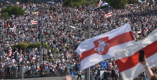 Tens of thousands of Belarusian opposition supporters join a "March for Freedom" in Minsk on Aug. 16, 2020. (Sergei Gapon/AFP via Getty Images)
