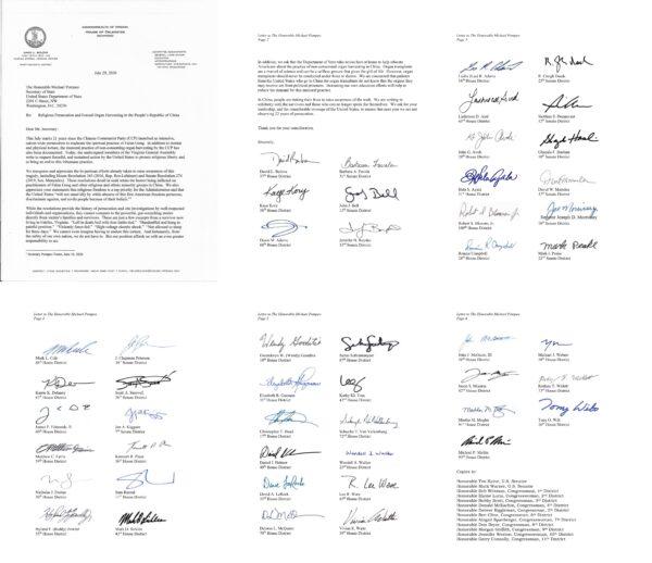 The letter that 49 Virginia state lawmakers wrote to Secretary of State Mike Pompeo, dated July 29, 2020. (Provided to The Epoch Times)