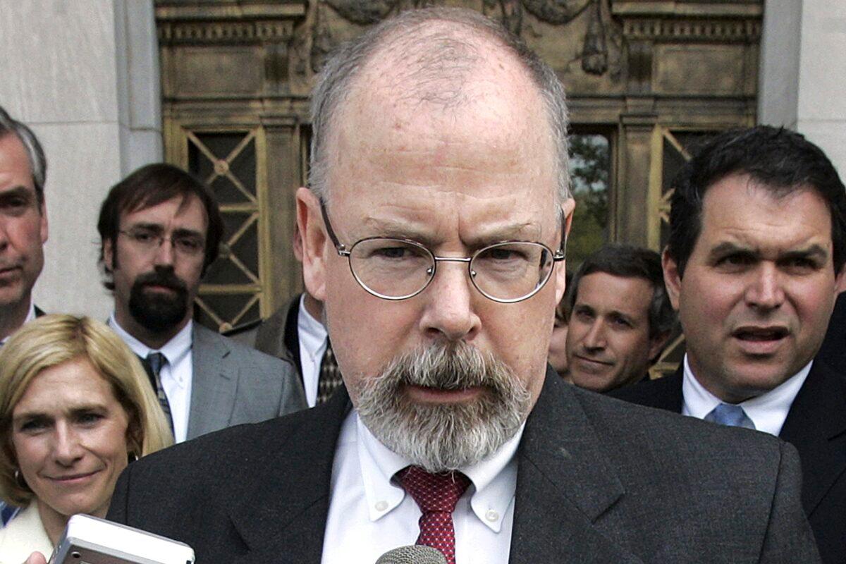 John Durham speaks to reporters on the steps of U.S. District Court in New Haven, Conn., on April 25, 2006. (Bob Child/AP Photo)