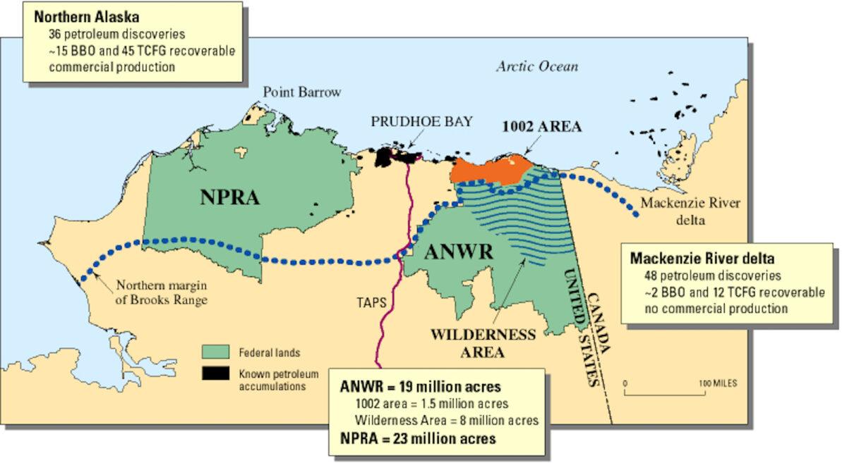 Map of northern Alaska and nearby parts of Canada showing locations of the Arctic National Wildlife Refuge (ANWR), the 1002 area, and the National Petroleum Reserve—Alaska (NPRA). (USGS)