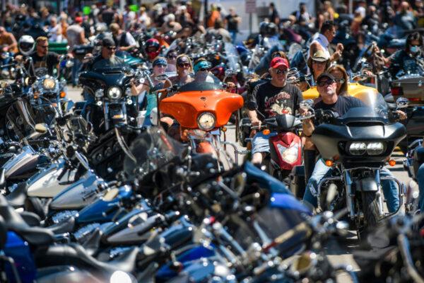 Motorcyclists ride down Main Street during the 80th Annual Sturgis Motorcycle Rally in Sturgis, S.D., on Aug. 7, 2020. (Michael Ciaglo/Getty Images)