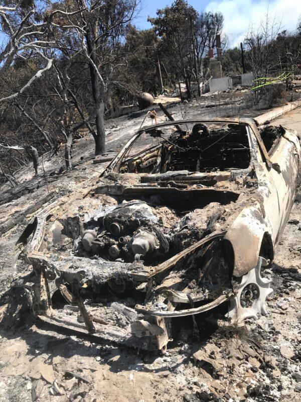 A Lexus convertible owned by Won and Myung Ok Lee was destroyed during the Apple Fire in Cherry Valley, Calif., on July 31, 2020. (Courtesy of Jennifer Chen)