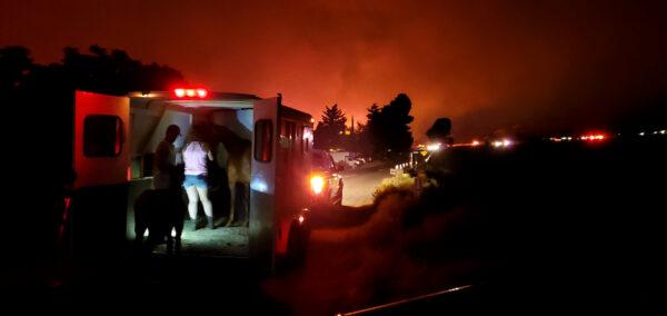 Residents in Cherry Valley, Calif., evacuate along with their horses, on July 31, 2020. (Laurie Gonzalez)