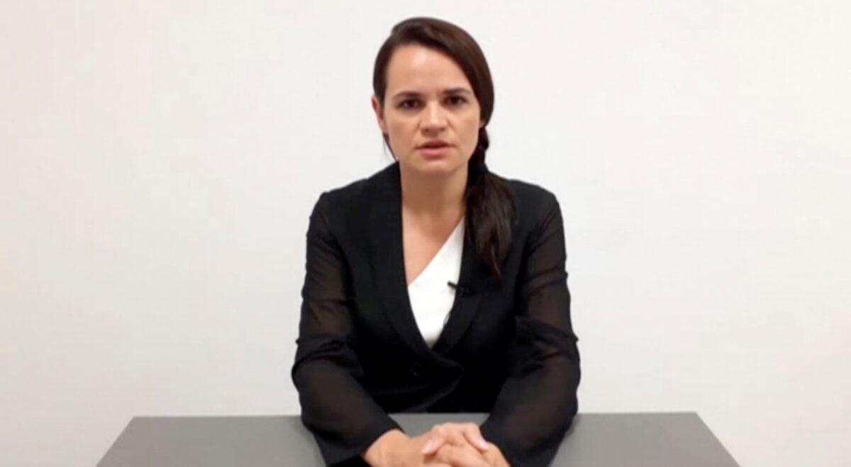 Belarusian opposition politician Sviatlana Tsikhanouskaya addresses the nation in an unknown location in Lithuania, in an image taken from video released on Aug. 17, 2020. (Sviatlana Tsikhanouskaya Headquarters/Handout via Reuters)